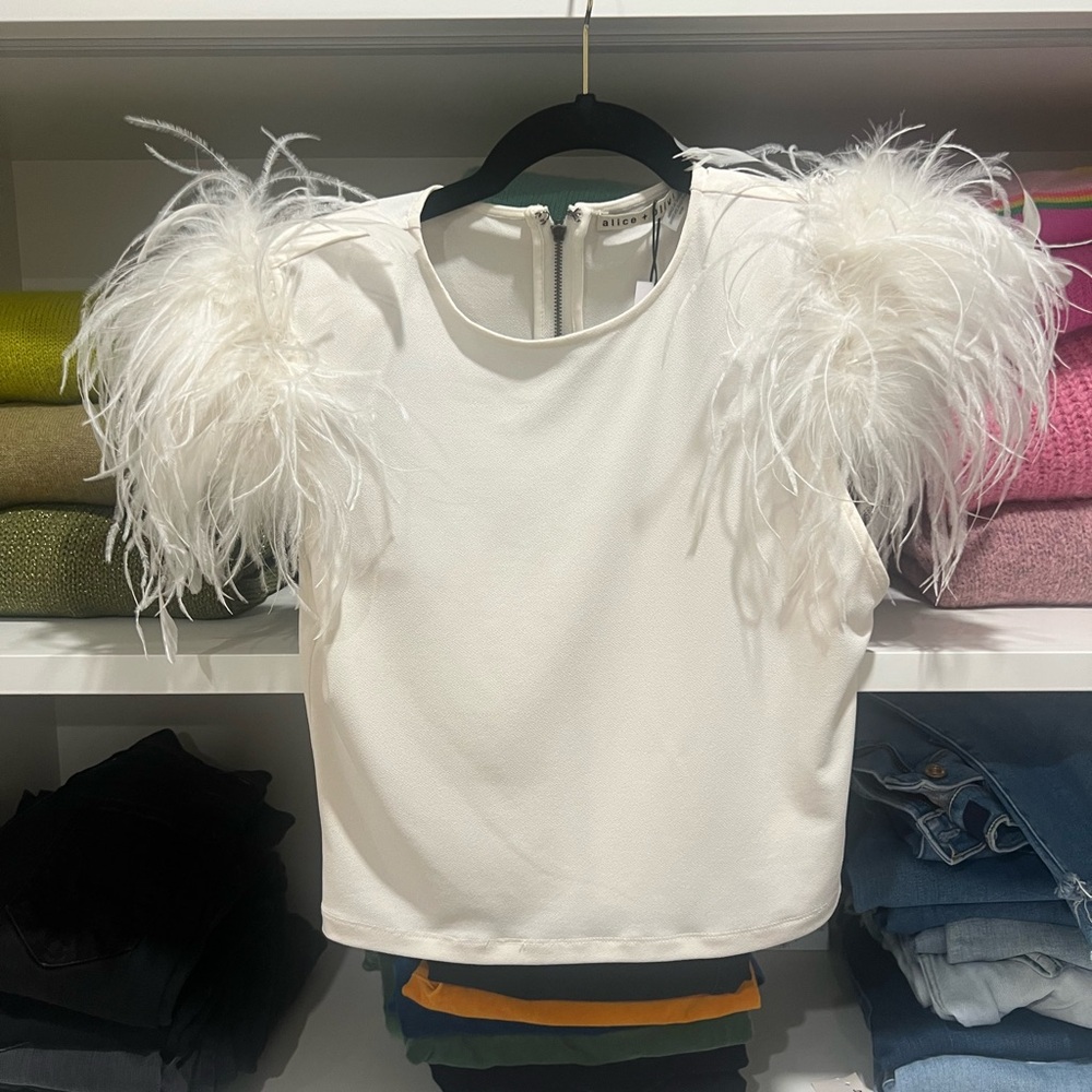 Alice + Olivia Cream Feathered Top
